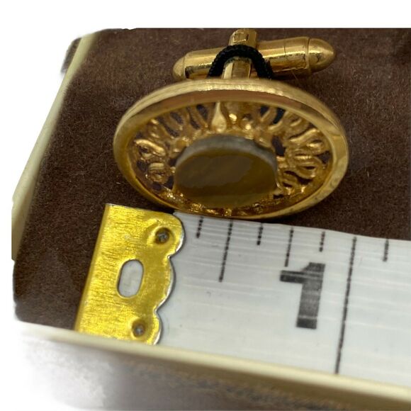 Cufflinks And Tie Tack Set Vintage Dante Men's Gold Tone Tiger’s Eye Bullet Back - Picture 9 of 16